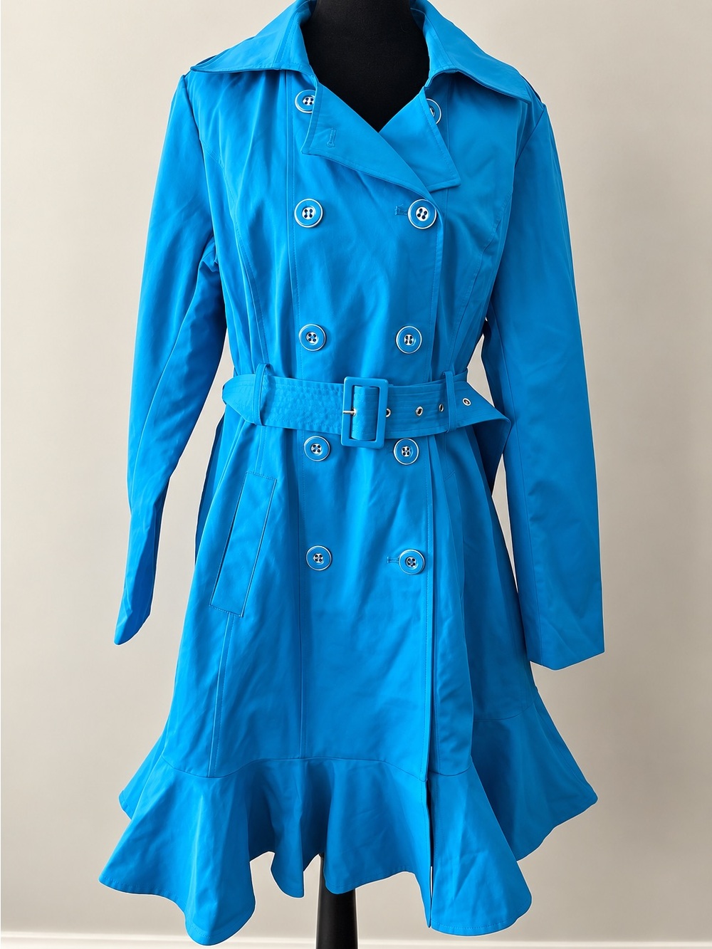 NY & Company Blue Ruffle Hem Belted Trench Coat NWT Large